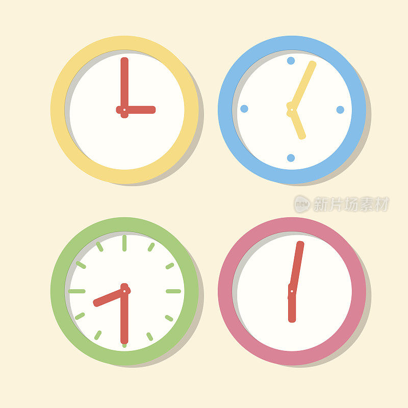 Collection wall clock patterns. Icons clock in flat vector style.